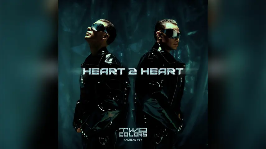 twocolors, Andreas Vey - Heart 2 Heart Official cover art for Heart 2 Heart by twocolors and Andreas Vey featuring the electronic music duo in black leather jackets and sunglasses against a dark teal background.