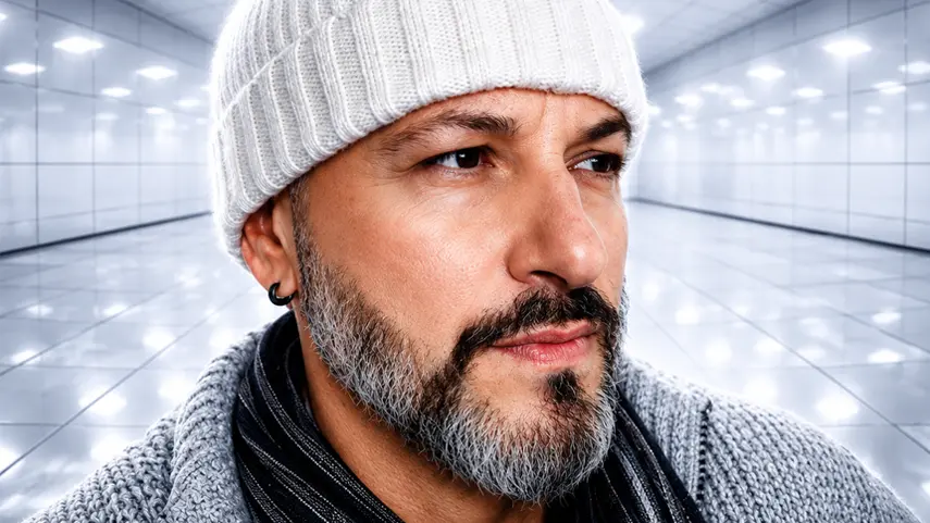 Daniele Antonio Saitta Brings Fresh Air To Italian Pop Music Daniele Antonio Saitta, Italian Pop Music artist, wearing a white beanie and grey sweater in a moody studio portrait.