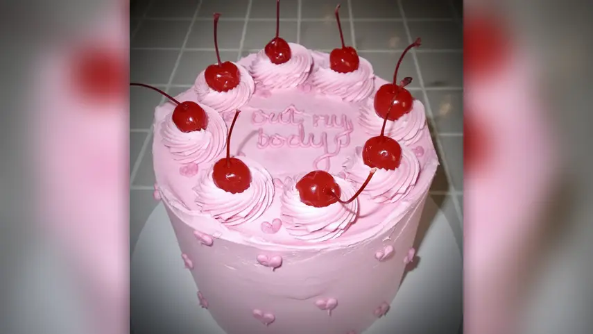 Official cover art for Out My Body by Memphis LK featuring a vintage style pink frosted cake decorated with cherries and icing text.