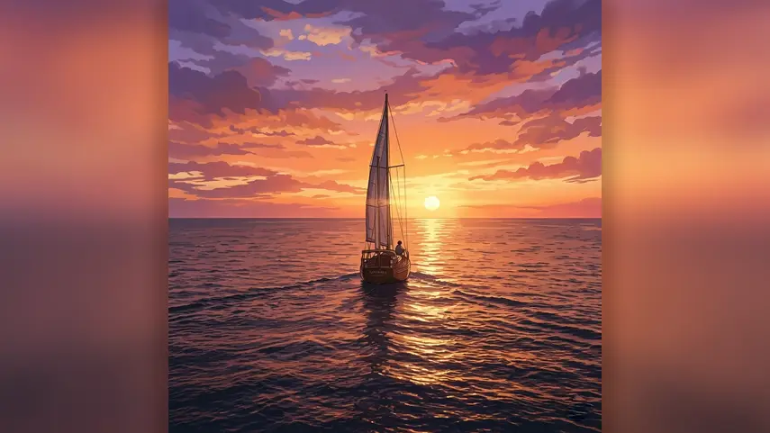 Son Tensei - Sayonara Cover art for Son Tensei single Sayonara featuring a sailboat navigating calm ocean waters at sunset.