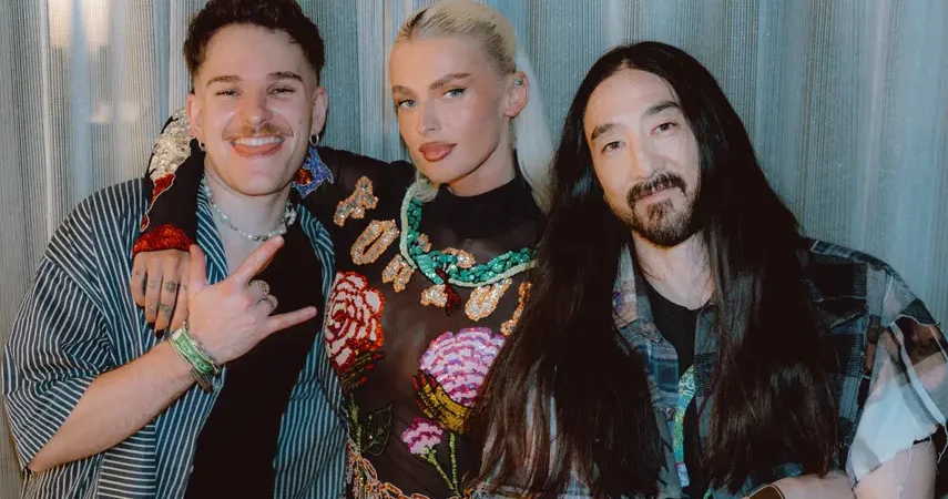 Steve Aoki, Ely Oaks, and SACHA pose together to promote their Vocal Trance single "Gravity."