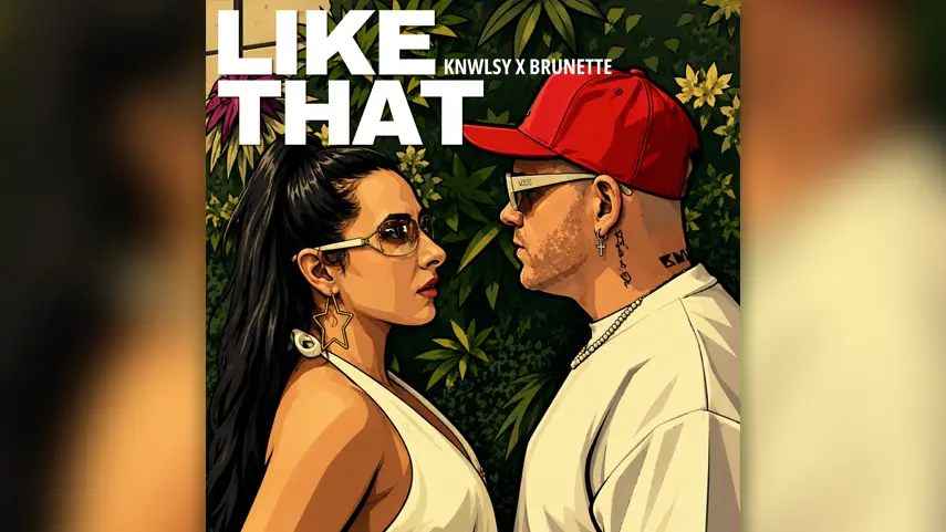 Illustrated cover art for Like That by KNWLSY and Brunette featuring animated characters facing each other.