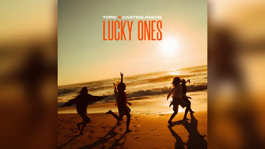 Topic and carteblanche "Lucky Ones" cover art showing silhouettes running on a sunset beach.