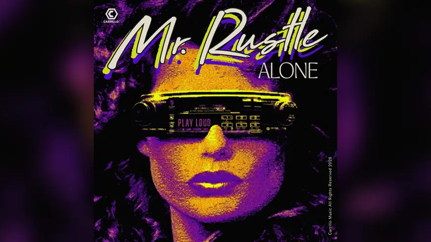 Mr. Rustle Alone Tech House track cover art with neon purple and yellow retro design.