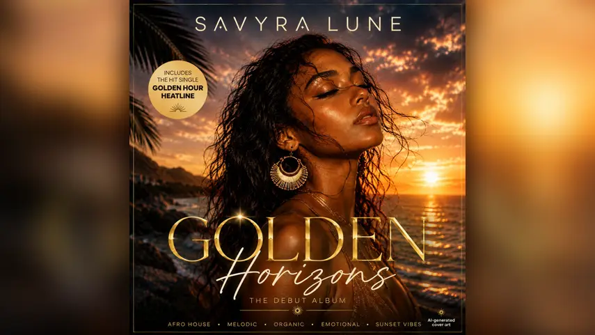 Official cover art for Savyra Lune's debut EP Golden Horizons, featuring lead single “Golden Hour Heatline.” Savyra Lune Golden Horizons debut EP cover art with sunset and sea.