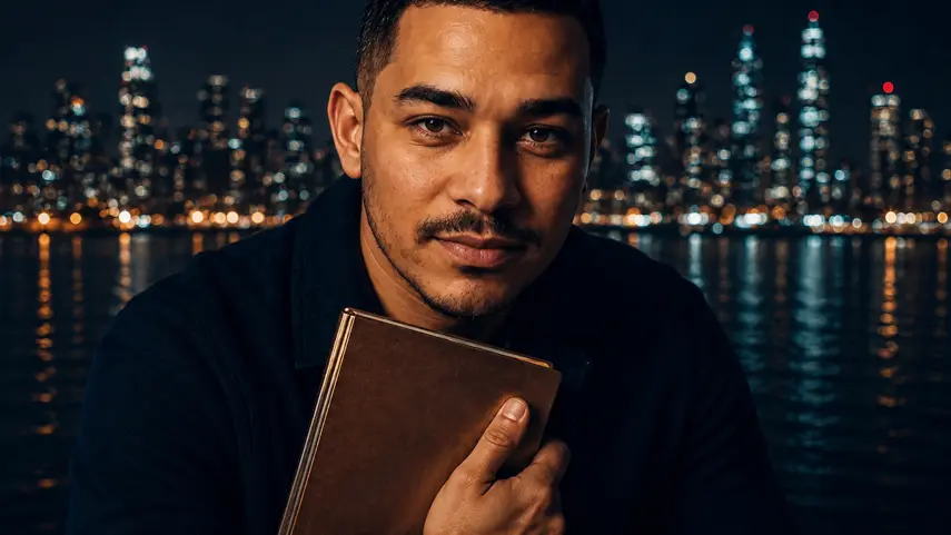 Songs About Sobriety, Jamie Birch Gets Real On “THE MIST” Jamie Birch holding a brown notebook against a night city skyline, promoting his songs about sobriety single "THE MIST."