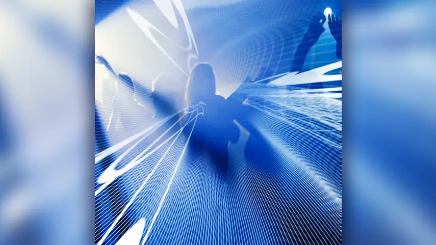 Abstract blue cover art for DJ_Dave single Next to U featuring futuristic digital grid lines and silhouette crowd visuals.
