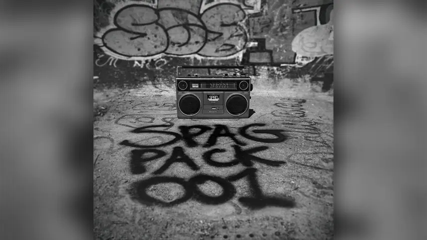 Official cover artwork for Spag Heddy's 'SPAG PACK 001' featuring six free SoundCloud flips and bootlegs. Black and white cover art for SPAG PACK 001 by Spag Heddy featuring a retro boombox resting on concrete with spray-painted graffiti text.