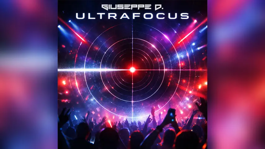 Official album cover art for ULTRAFOCUS by Giuseppe D showing radar reticle over a crowded dancefloor with neon lights.