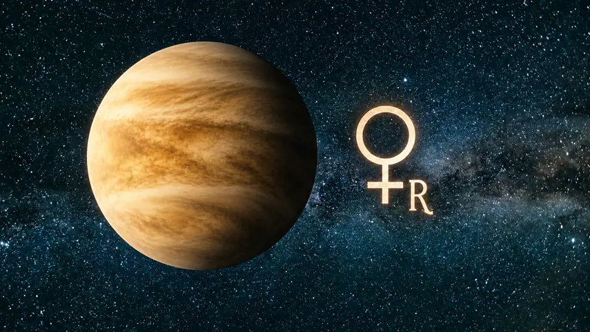 The astrological symbol for Venus Retrograde, the Venus glyph with an R. Venus retrograde symbol next to the planet Venus against a starry night sky.