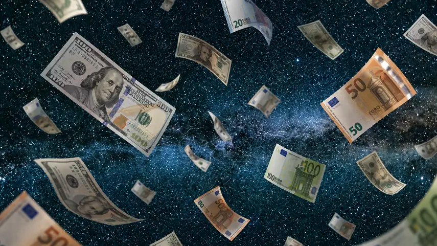 Venus retrograde can trigger impulsive spending, so think twice before you buy. Dollar and euro bills floating against a starry night sky, representing Venus retrograde and compulsive spending.