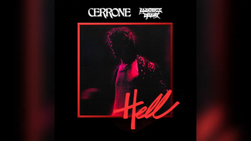 Cover art for "Hell," the new Cerrone disco music single with Electric Guest, in red and black.