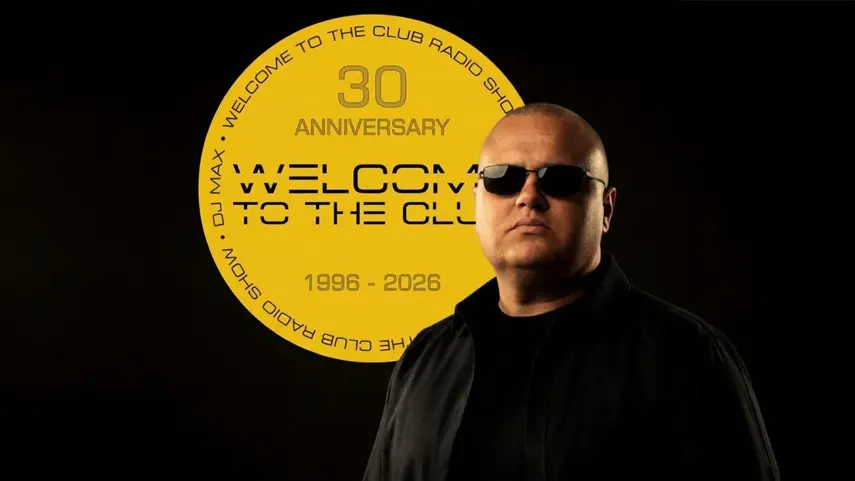DJ MAX in sunglasses and a black jacket in front of the Welcome To The Club 30th anniversary logo, 1996 to 2026.
