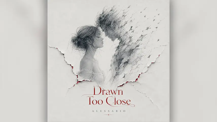 Cover art for “Drawn Too Close” by Alessario. Drawn Too Close cover art by Alessario, a sketch of a woman facing a figure that dissolves into fragments on torn paper.