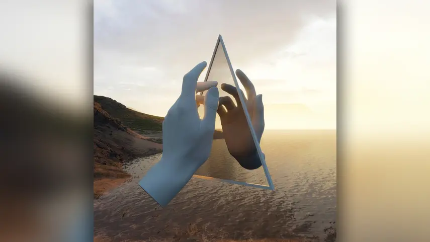 Ladytron Free, Free cover art showing two hands holding a glass triangle in front of a seaside sunset.