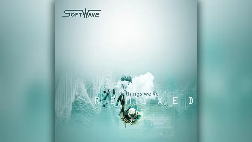 Cover art for ‘things we’ve remixed,’ the Synthpop remix album SoftWave released to mark 10 years of their career. SoftWave ‘things we’ve remixed’ Synthpop album cover with a teal sky, a cloud, a vintage speaker and sound waves.